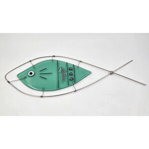 Vintage MCM Mixed Metal Blown Glass Wall Art Brutalist GREEN FISH 21"